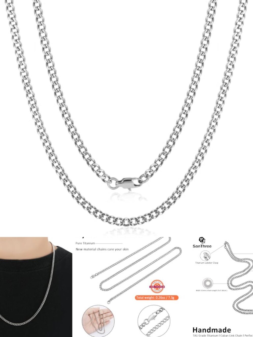 Pure Titanium Cuban Link Chain Necklace 3.5mm Polished Skin Friendly 25.6 in
